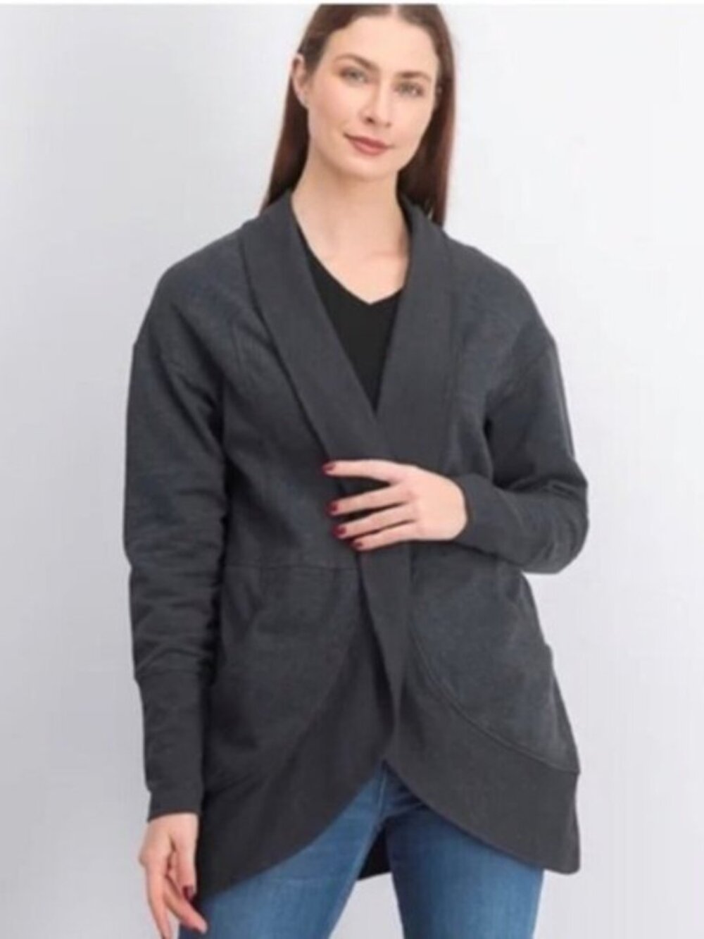 Eddie Bauer NEW Camp Cotton Fleece Wrap Pockets Cardigan Sweater Top Burgundy L - Picture 8 of 16